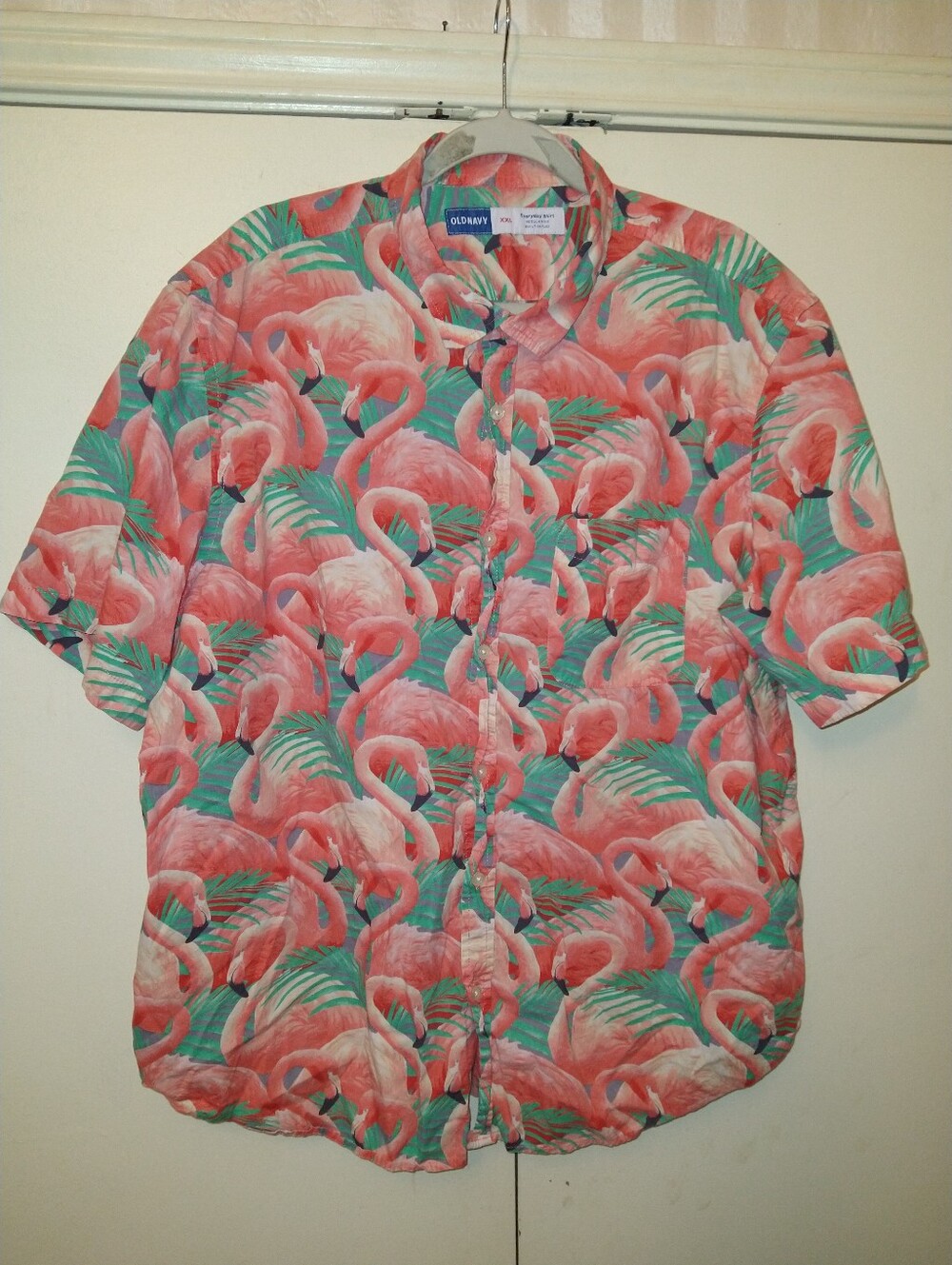 Old Navy Everyday Shirt Regular Fit Flamingo Print Built-In Flex Shirt Men's XXL